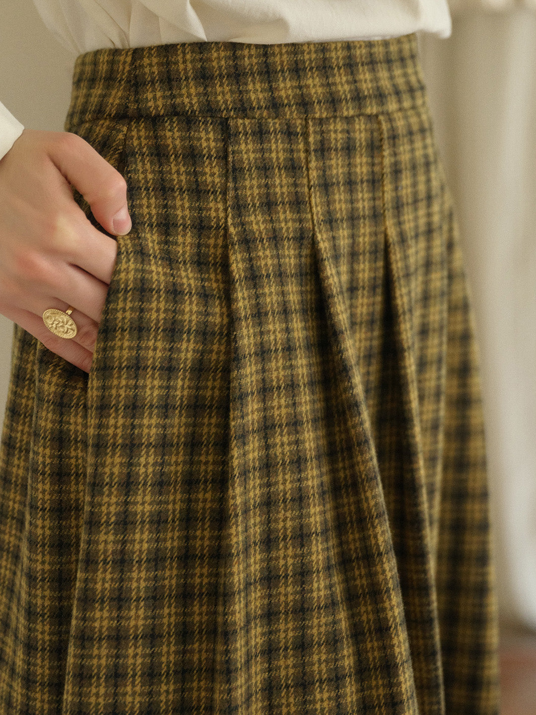 Zoya Yellow Plaid  Wool A-line Pocket Wool Skirt - Yellow