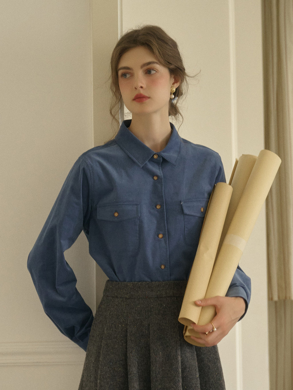 Lisa Classic Notched Collar Pocket Corduroy Shirt