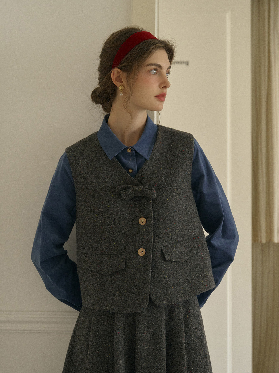 Ashlyn Sweet V-neck Slim 3D Bow Pocket Wool Vest - Gray