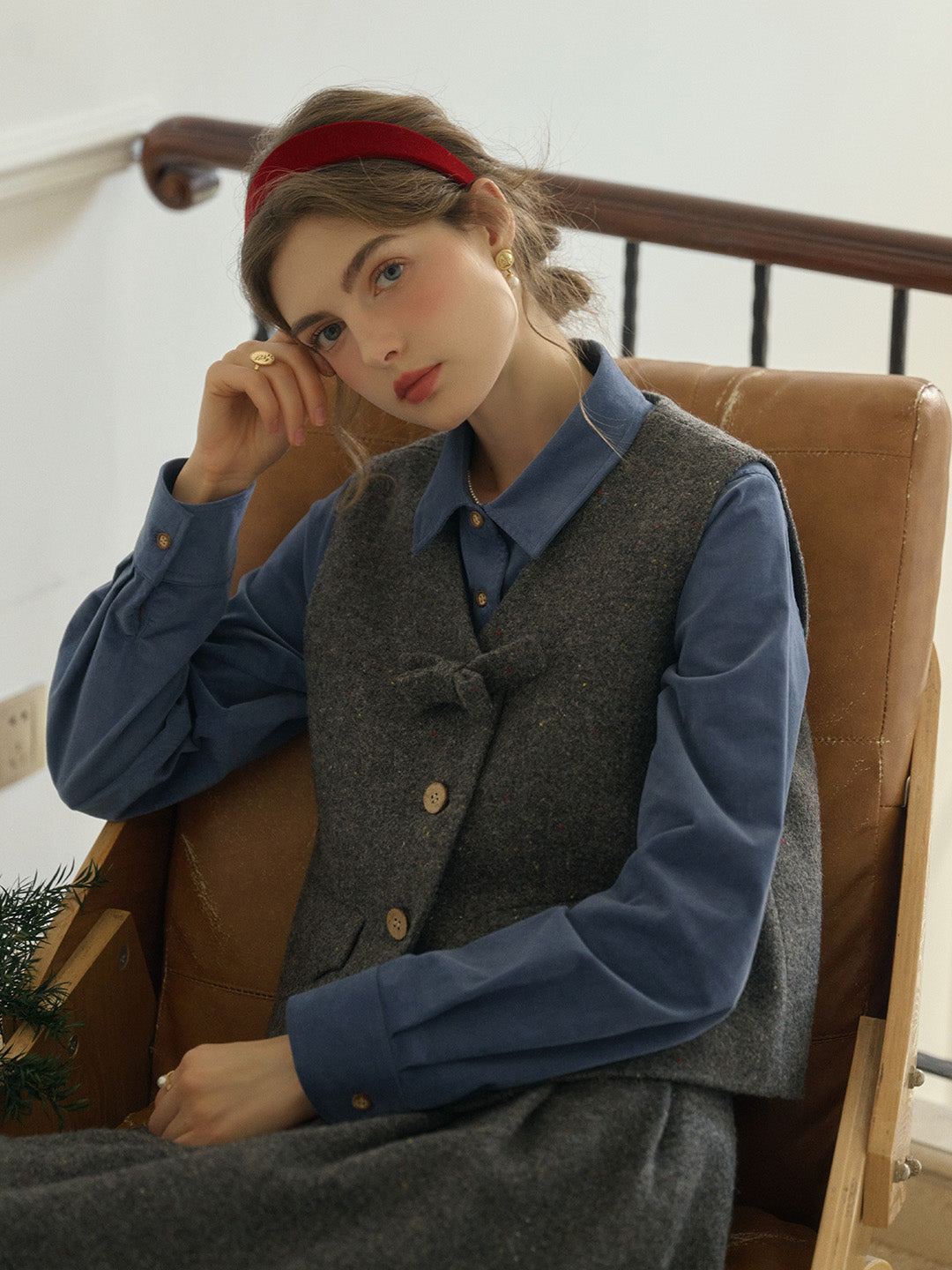 Ashlyn Sweet V-neck Slim 3D Bow Pocket Wool Vest - Gray
