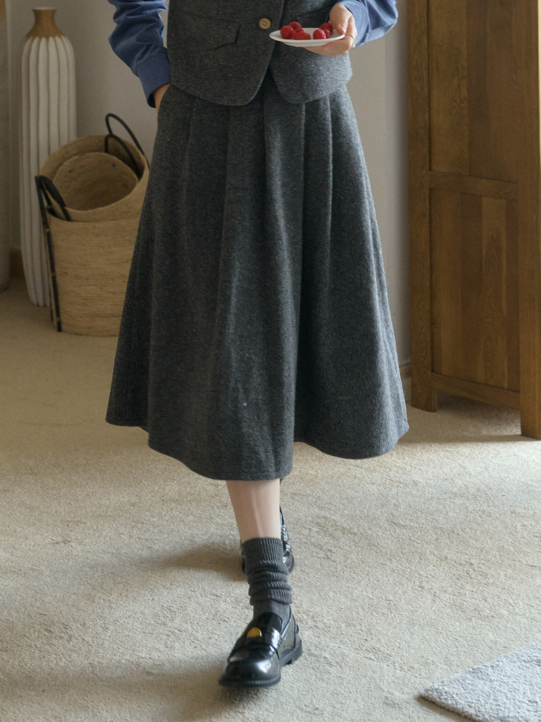 Zoya Yellow Plaid  Wool A-line Pocket Wool Skirt - Yellow