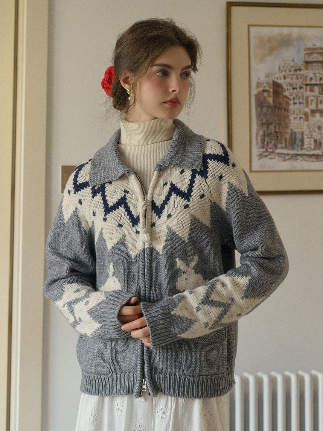 Ailany Notched Collar Fair Isle Double Zipper Wool Cardigan