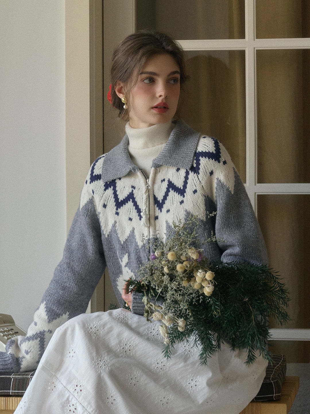 Ailany Notched Collar Fair Isle Double Zipper Wool Cardigan