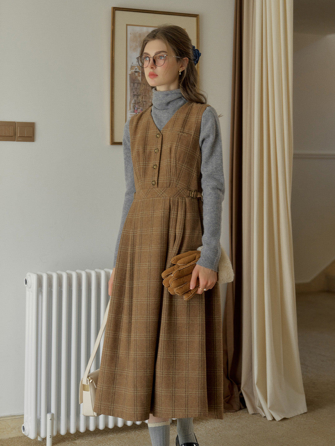 Avayah V-neck Brown Plaid Sleeveless Pocket Wool Dress