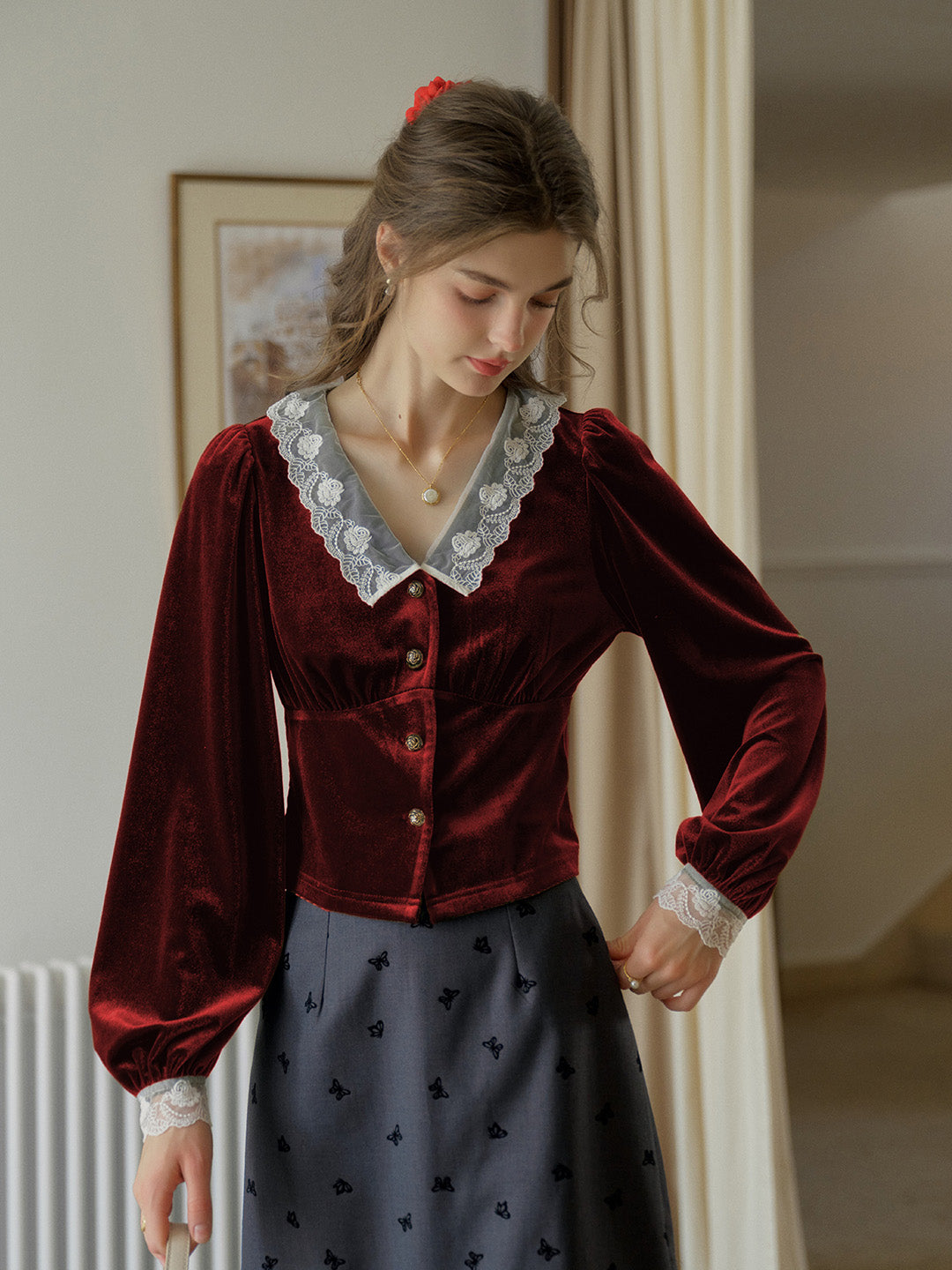 Megan V-neck Contrast Lace Lapel Cuffs Splicing Velvet Blouse - Red