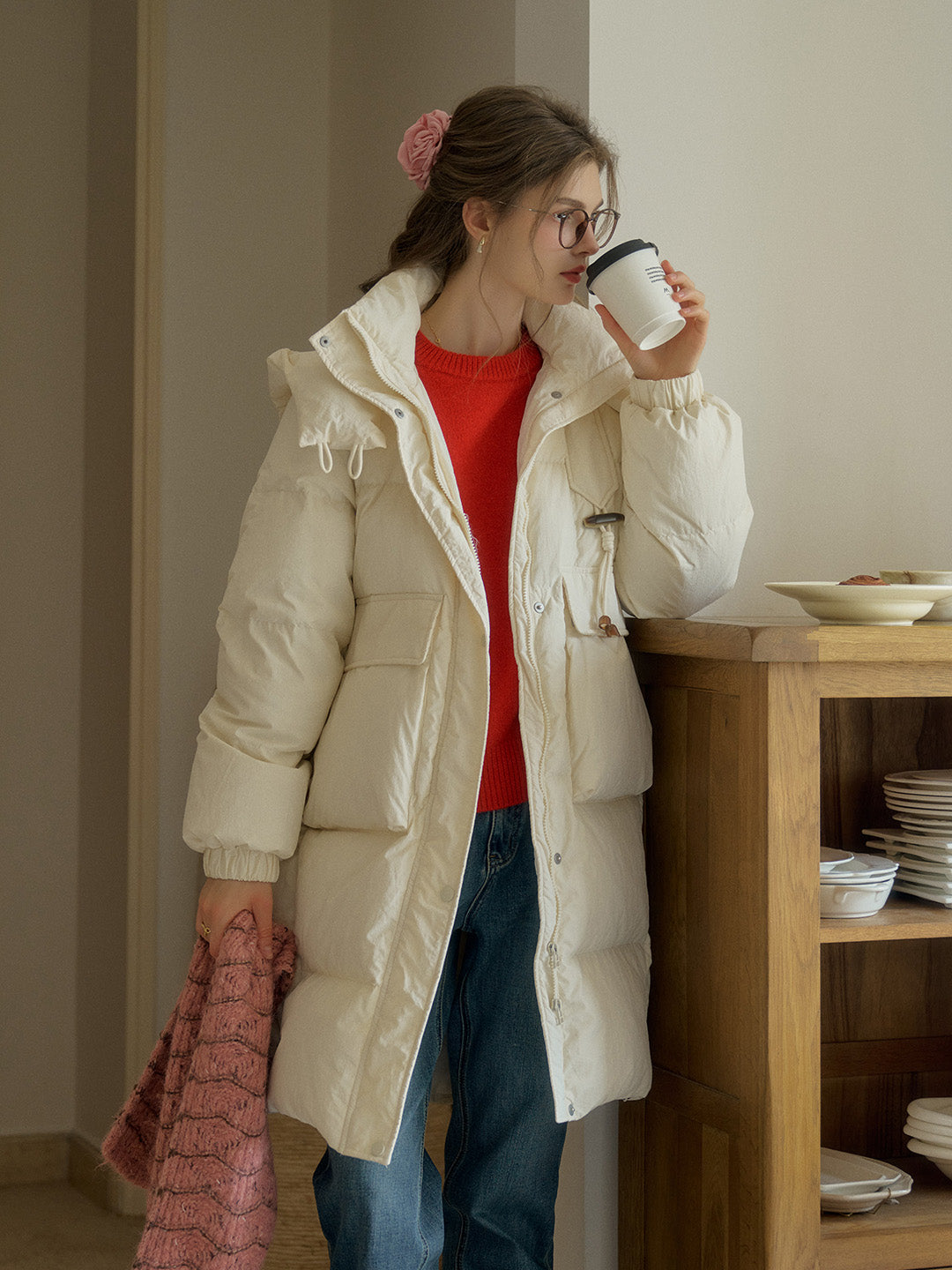 Winifred Mockneck Mid-Length Pocket Down Jacket - Khai