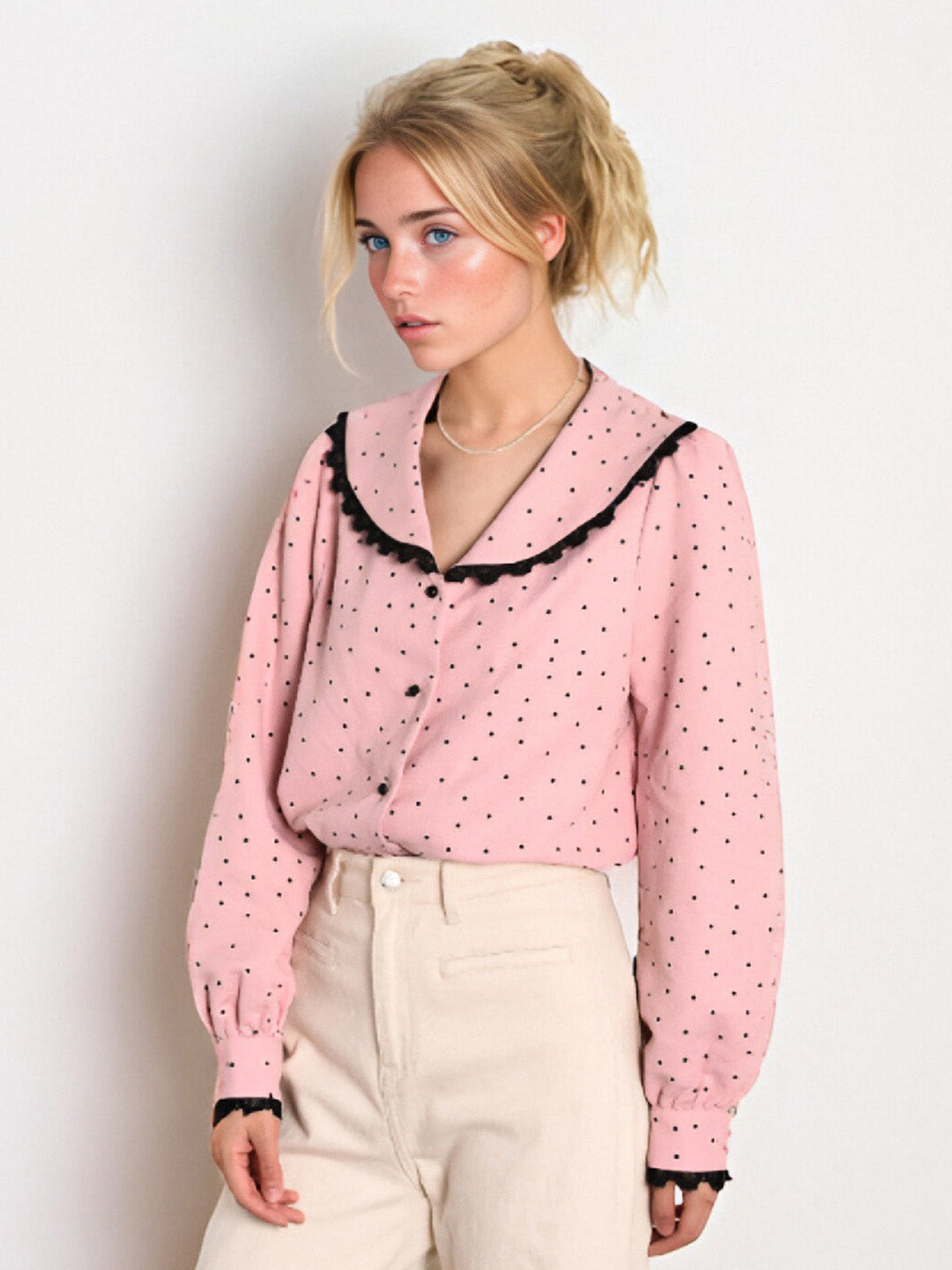 【Final Sale】Ophelia Retro V-Neck Dots Blouse