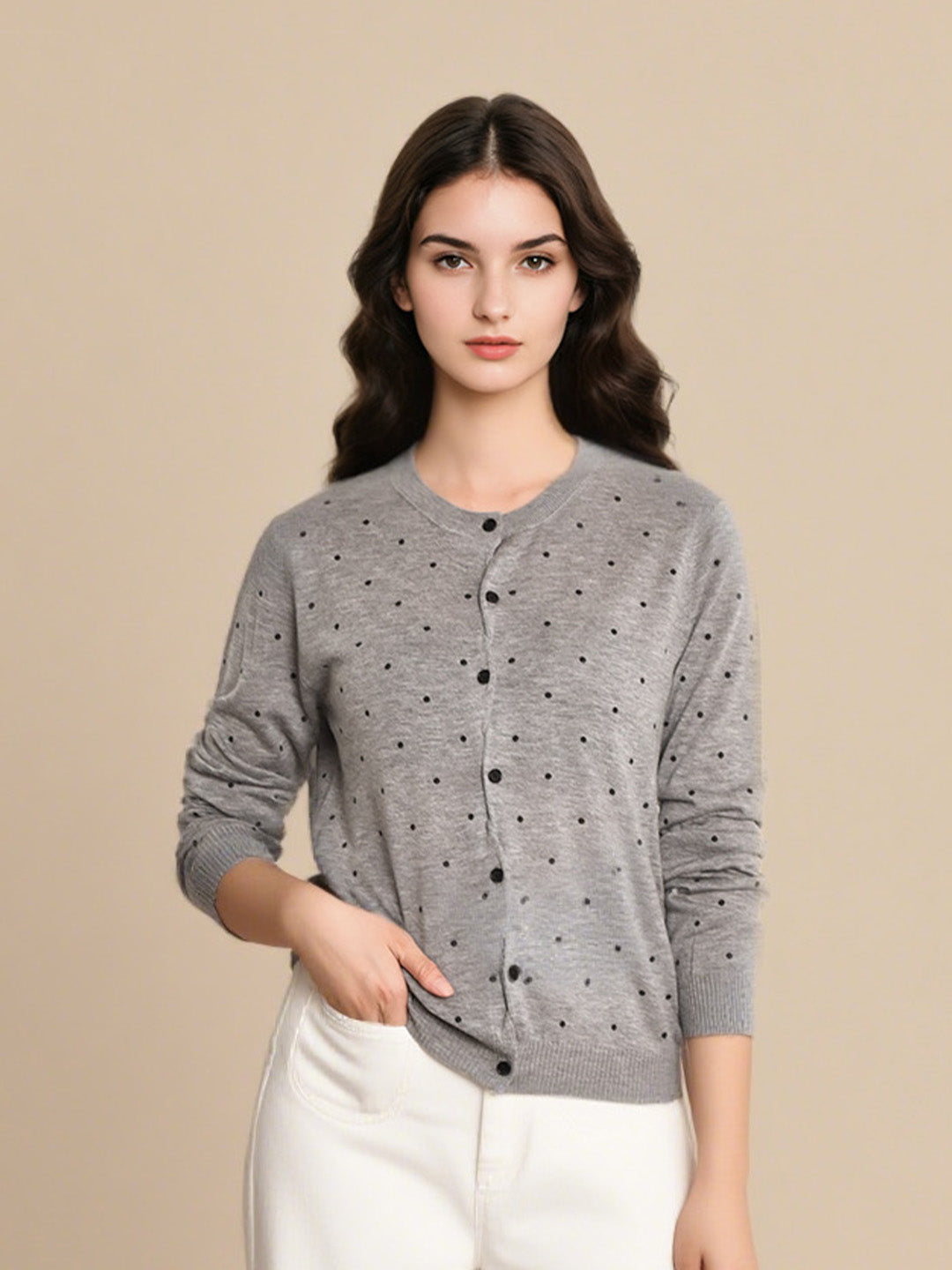 Camilla Round Neck Dot Wool Cardigan