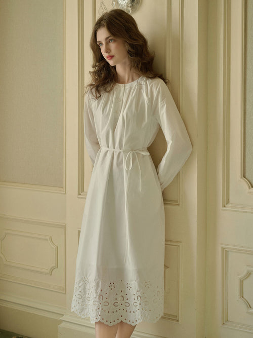 Embroidered Hollow Tiered Button Dress • 100% Cotton