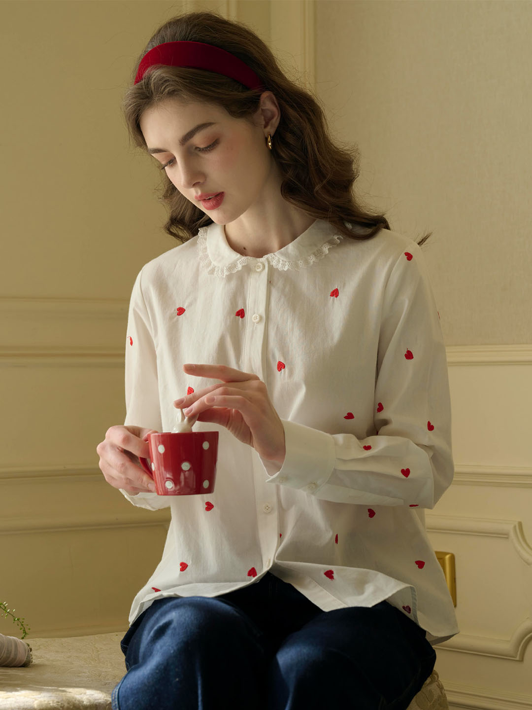 Arianna Peter Pan Collar Sweetheart Embroidered Cotton Blouse