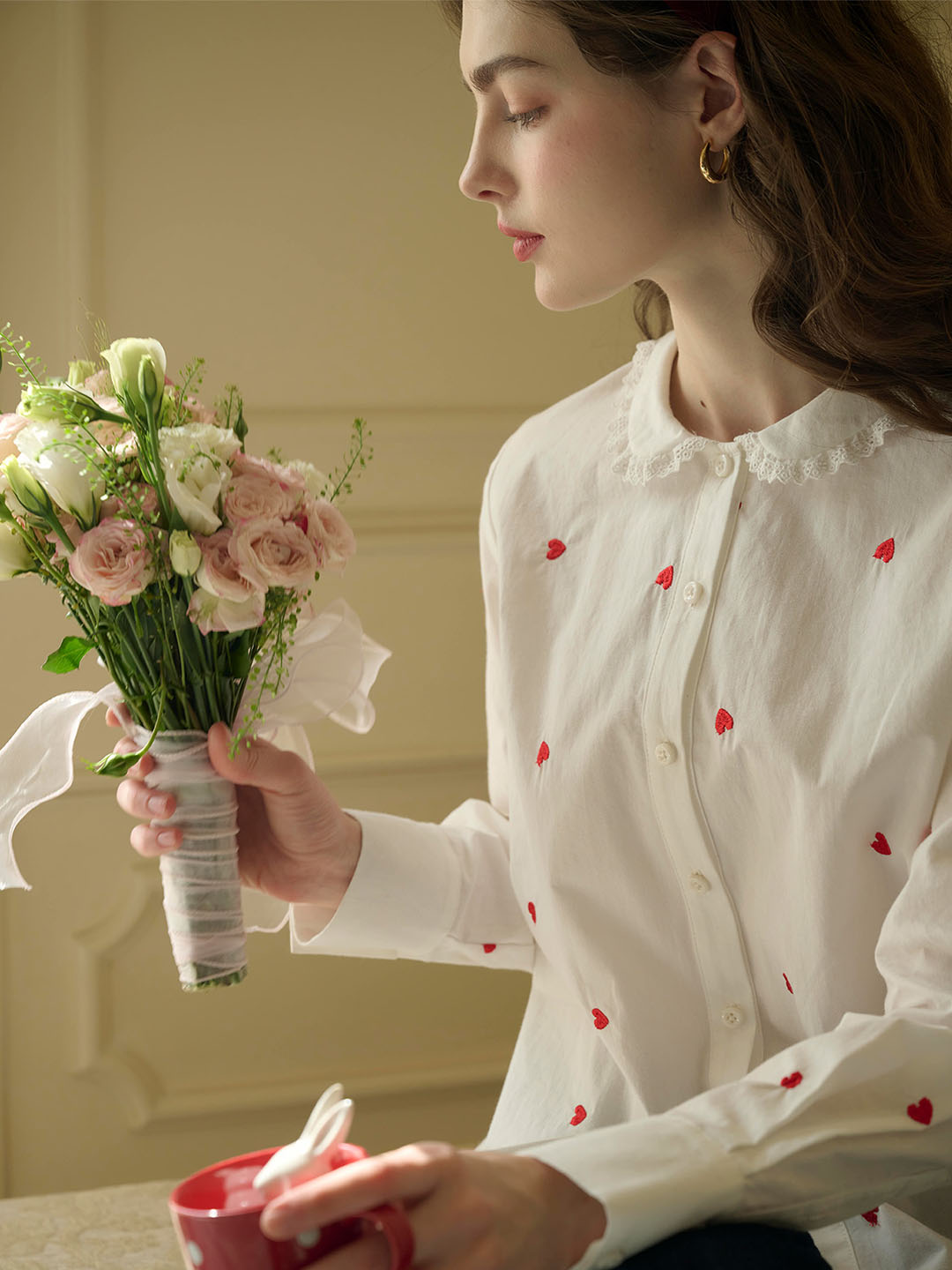 Arianna Peter Pan Collar Sweetheart Embroidered Cotton Blouse