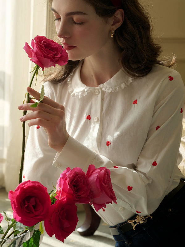 Arianna Peter Pan Collar Sweetheart Embroidered Cotton Blouse