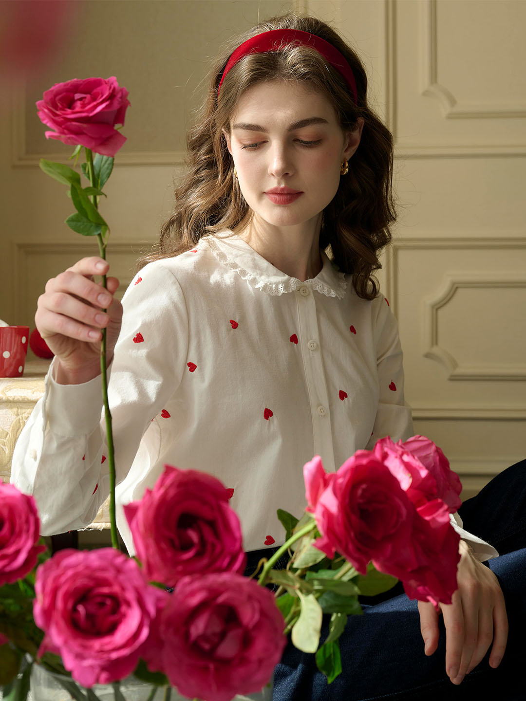 Arianna Peter Pan Collar Sweetheart Embroidered Cotton Blouse
