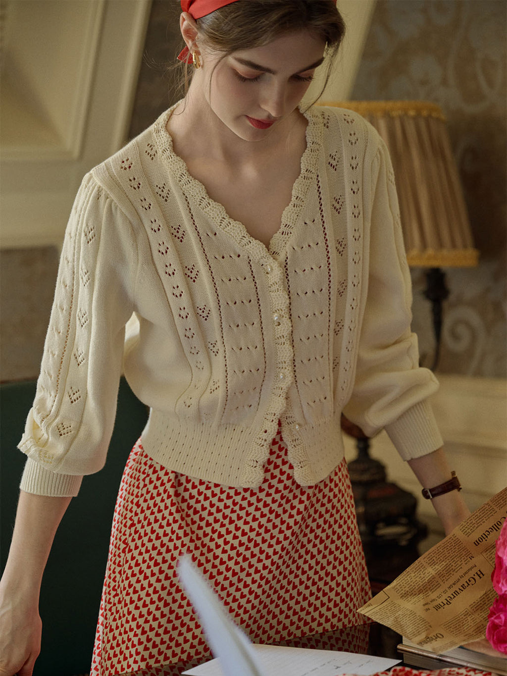 Amira Wave V neck Cotton Knitted Cardigan
