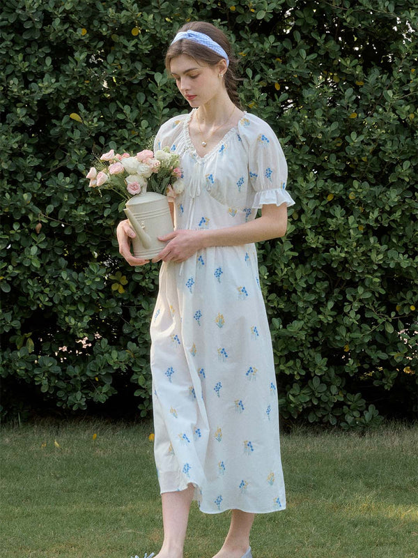 Jane Gypsophila Embroidered Floral V-neck Puff Sleeve Cotton Dress