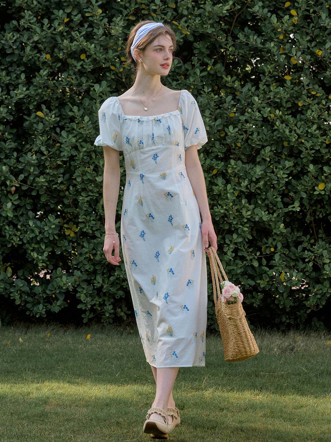 Celeste French Square Neck Gypsophila Embroidered Floral Cotton Dress