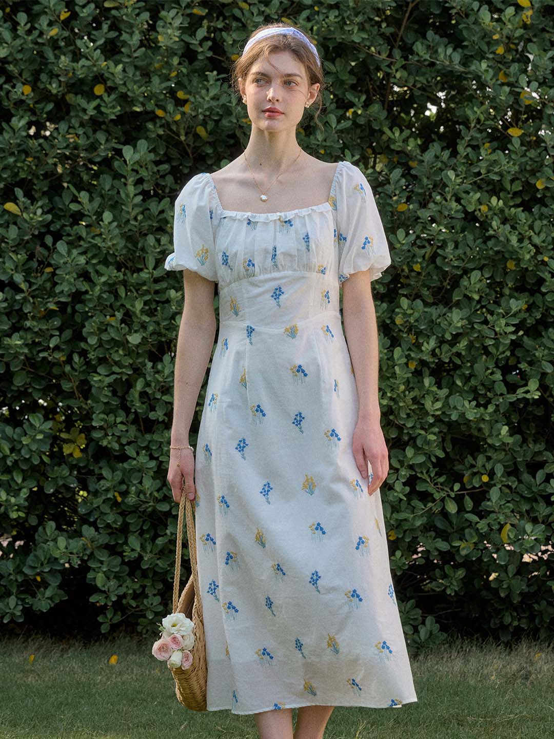 Celeste French Square Neck Gypsophila Embroidered Floral Cotton Dress