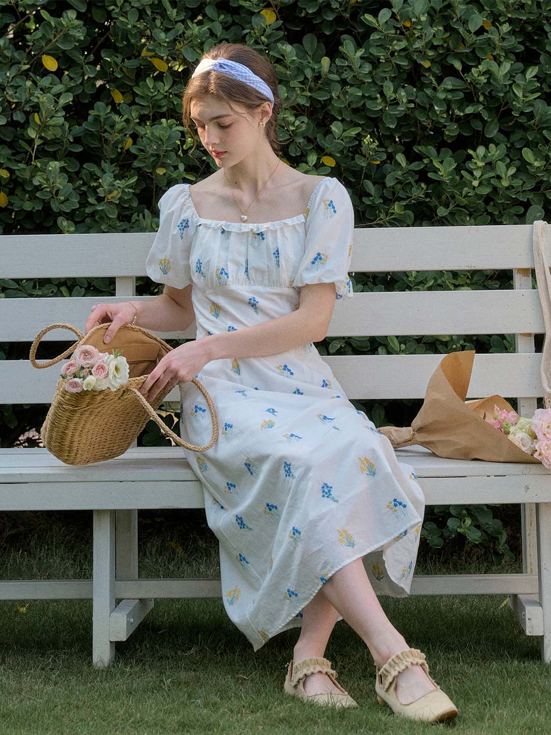 Celeste French Square Neck Gypsophila Embroidered Floral Cotton Dress