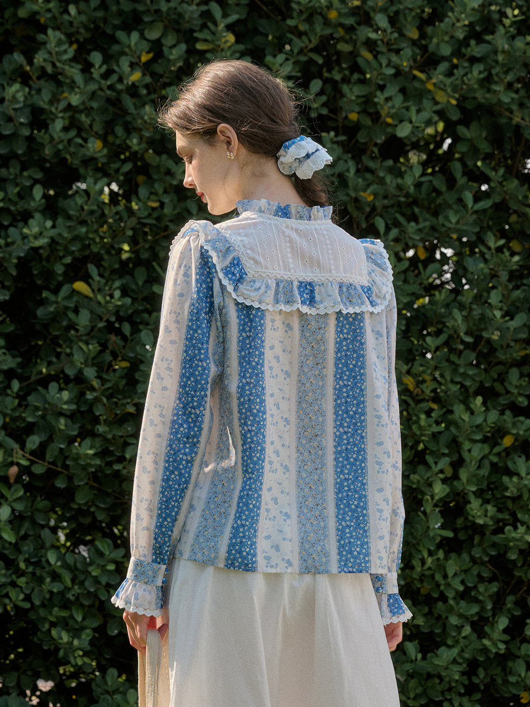 Emmie Trimmed Mock Neck Contrast Lace Floral Print Patchwork Blouse