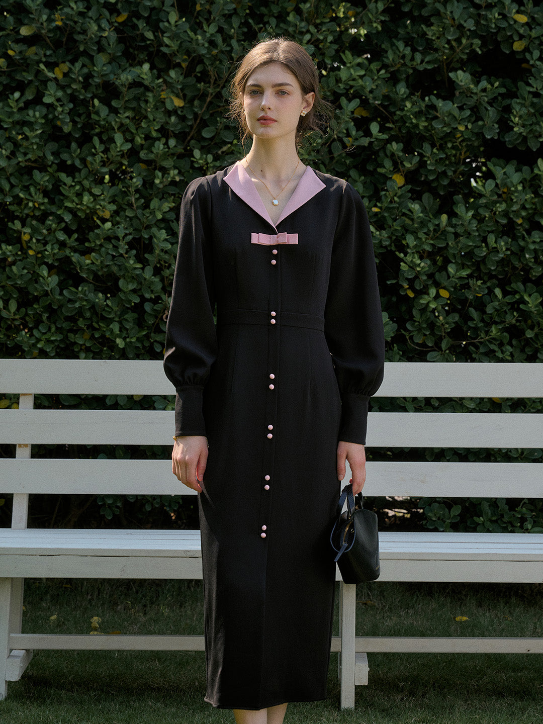 【Final Sale】Karter Notched Lapel Contrasting Button Bow Dress