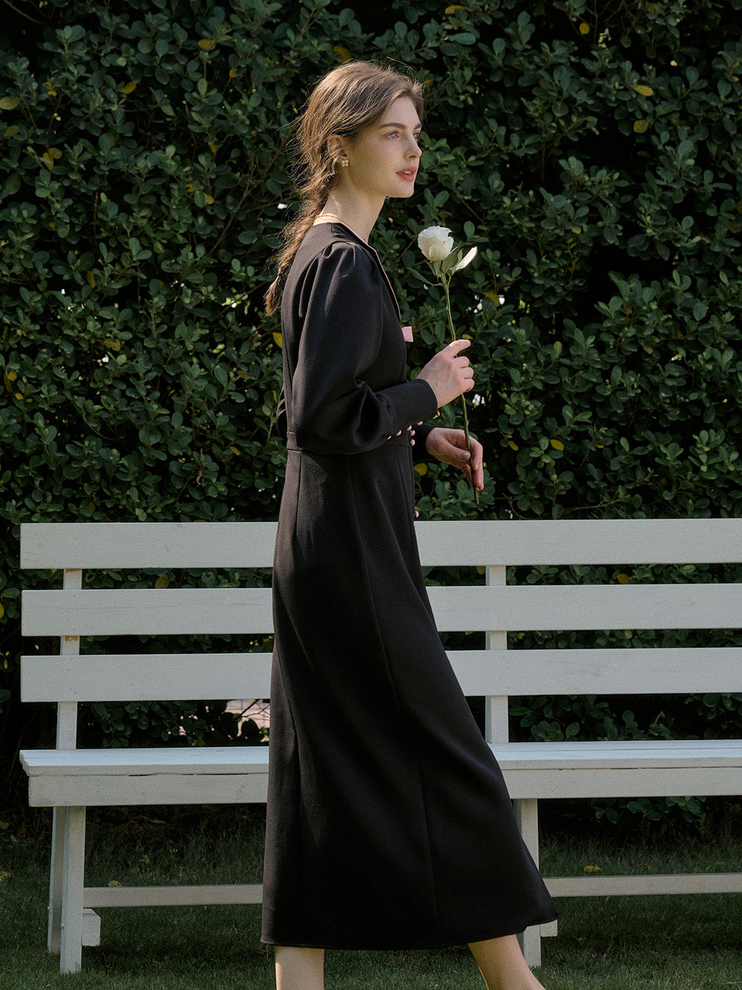 【Final Sale】Karter Notched Lapel Contrasting Button Bow Dress