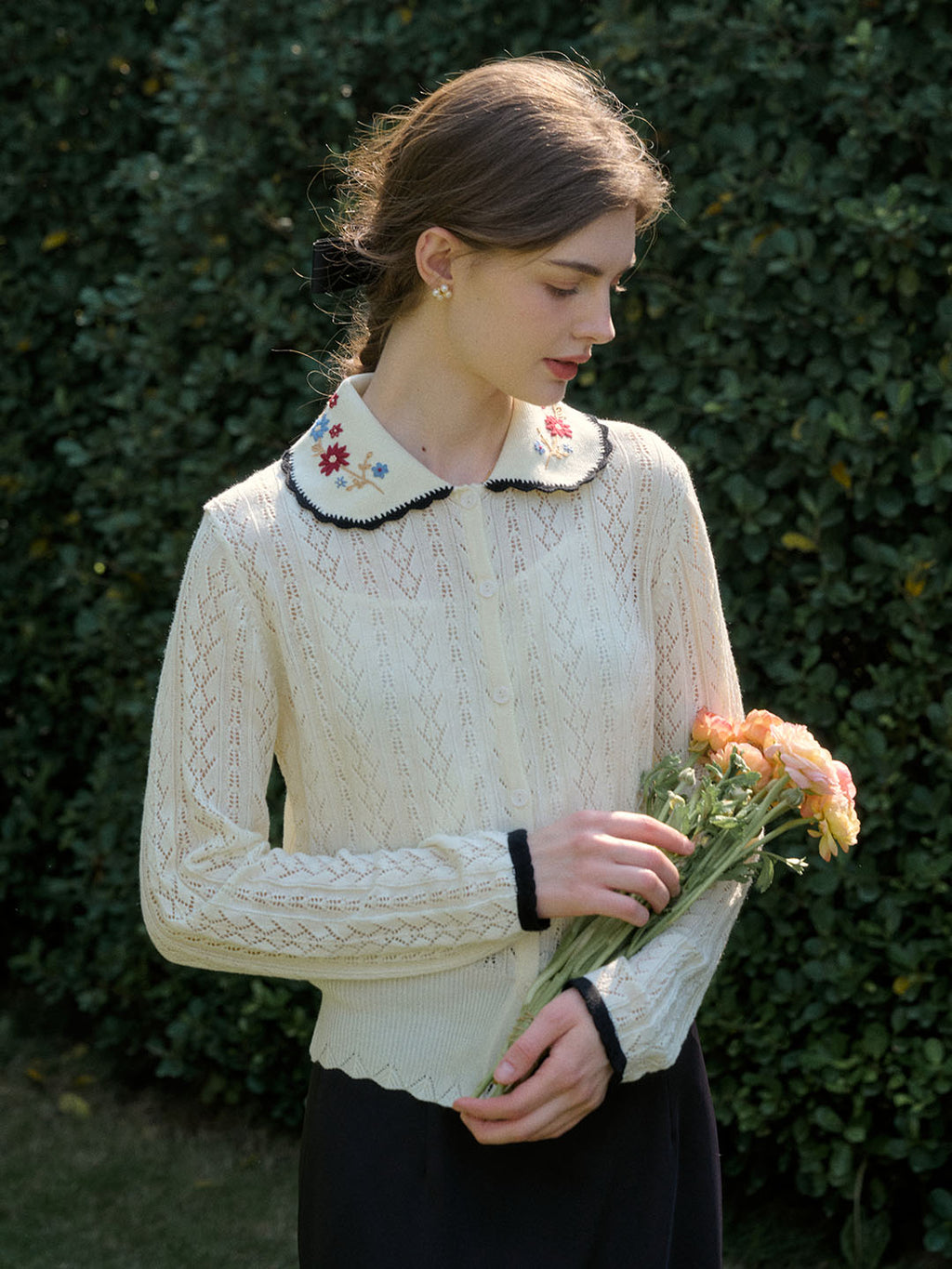 Shay Peter Pan Collar Embroidered Contrast Cutout Cardigan