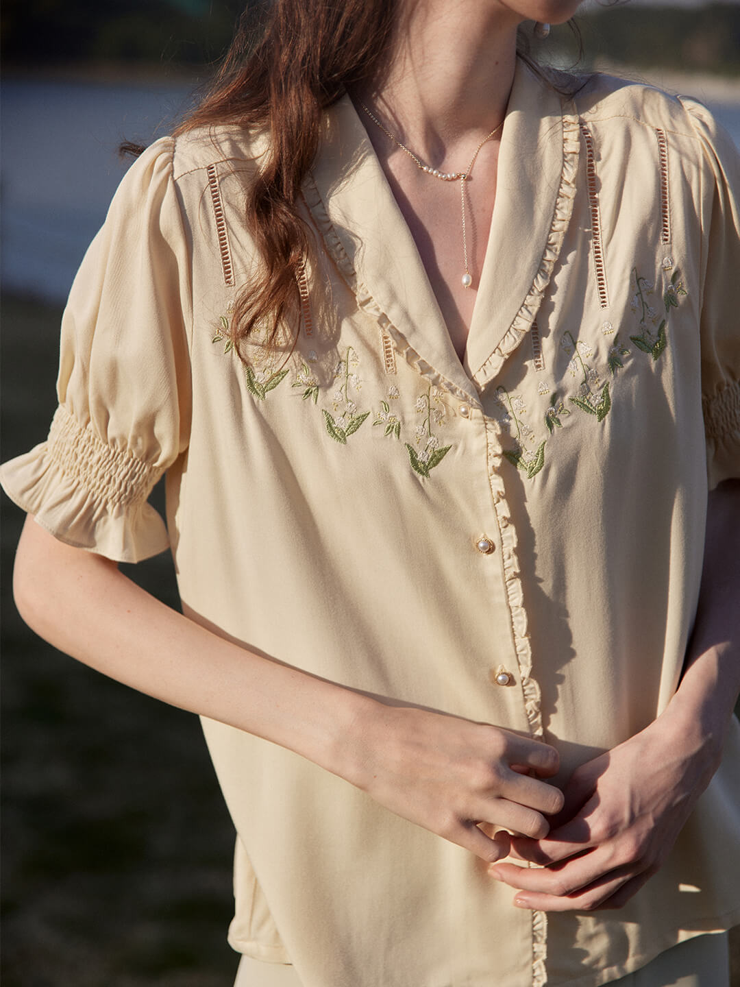 Convallaria Floral Embroidered Puff Top
