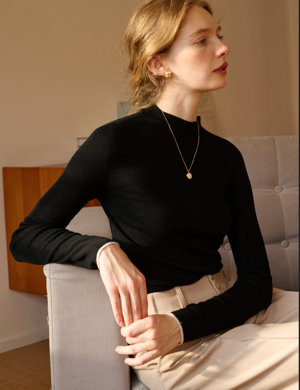 Lisa 100% Wool Half Turtleneck Slim Fit Solid Sweater-Black