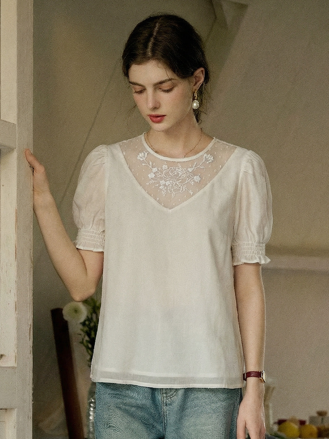 【Final Sale】Khloe Round Neck Mesh Embroidered Puff Sleeve Blouse