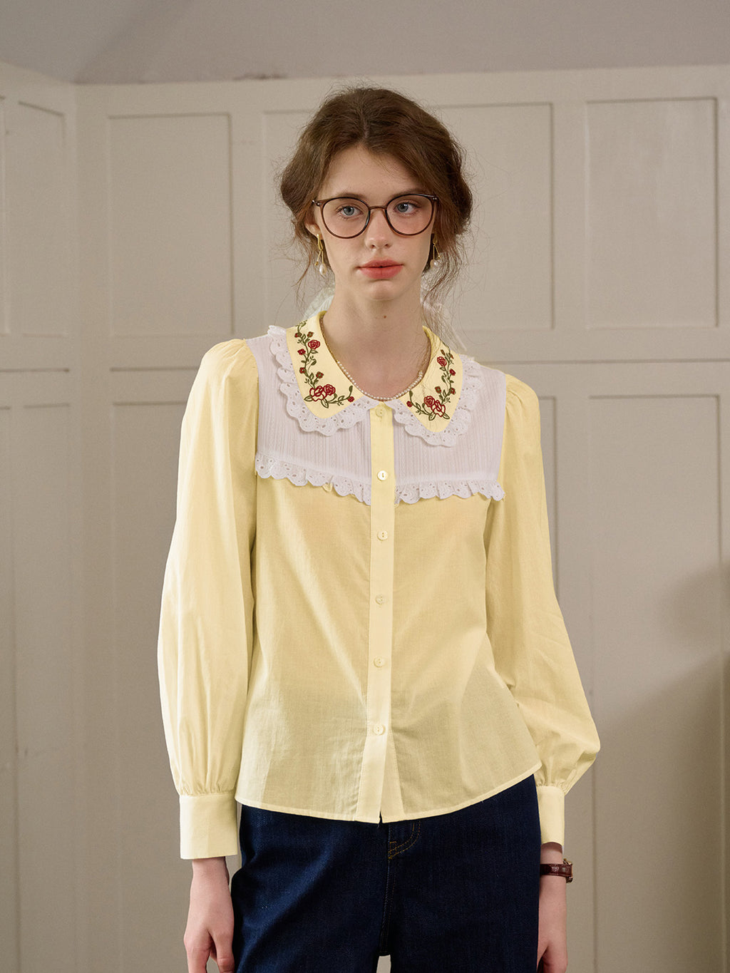 【Final Sale】Priyanka Lace Collar Floral Long sleeve Cotton Bouse