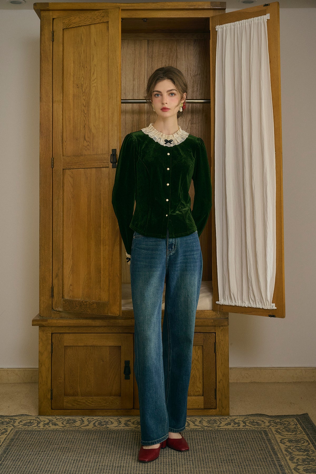 Azaria Round Collar Contrasting Lace Panel Bow Velvet Top
