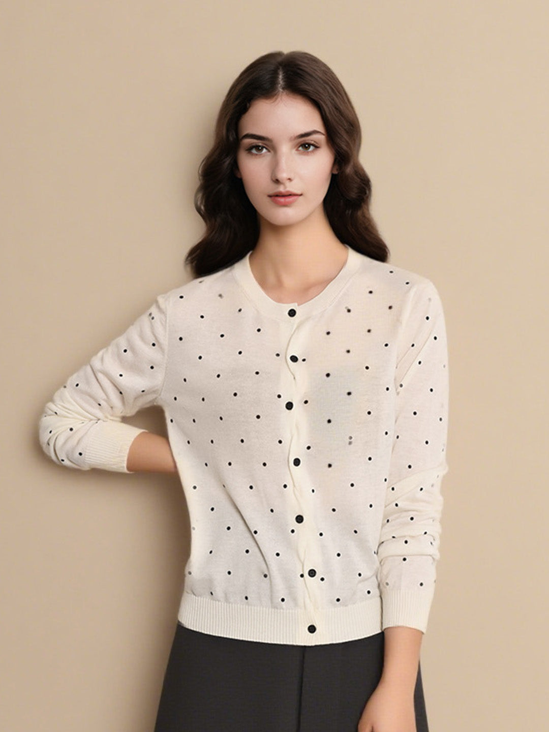 Camilla Round Neck Dot Wool Cardigan