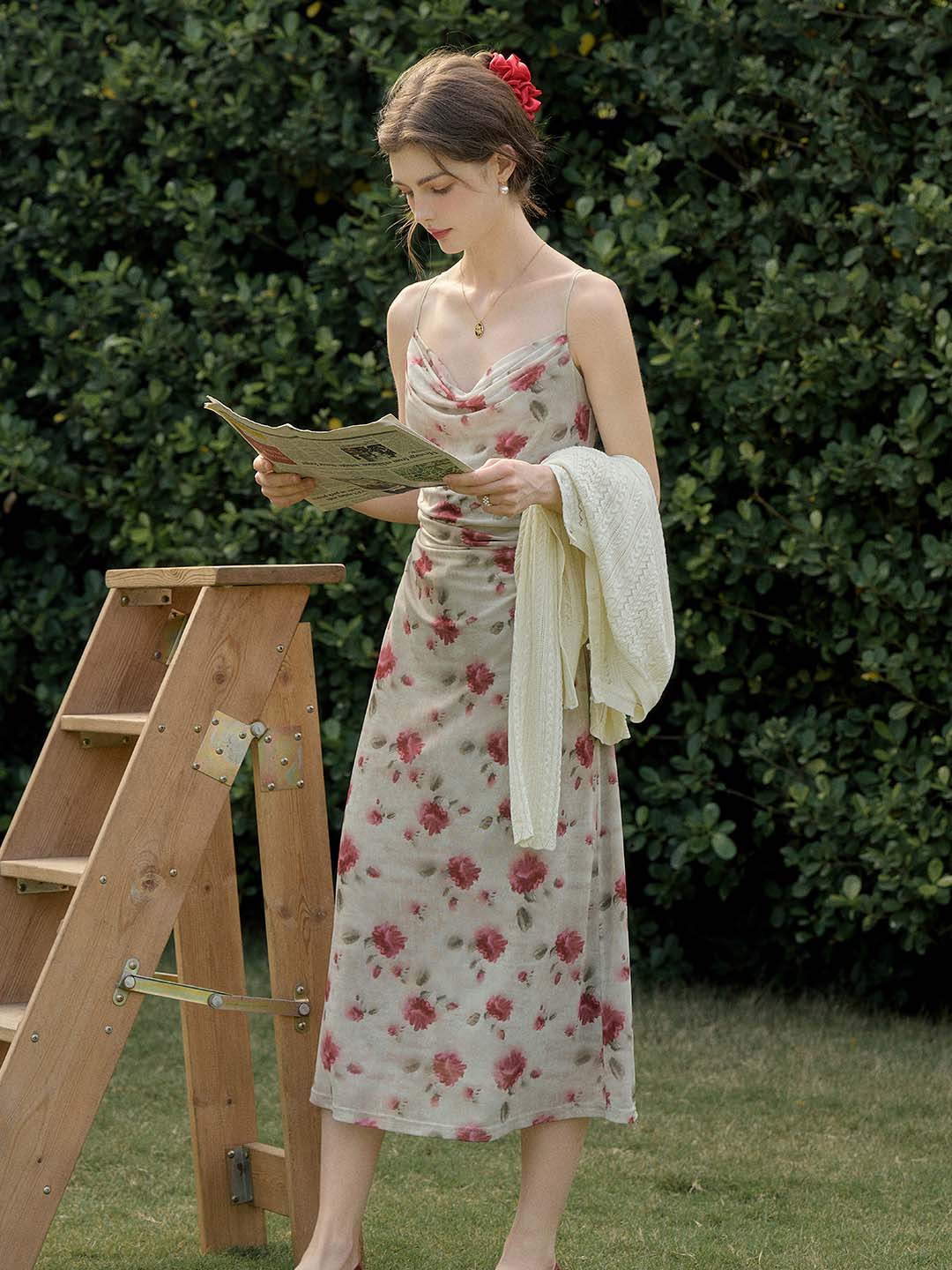 【Final Sale】Kaia Romantic Rose Print Slim Fit Slip Dress