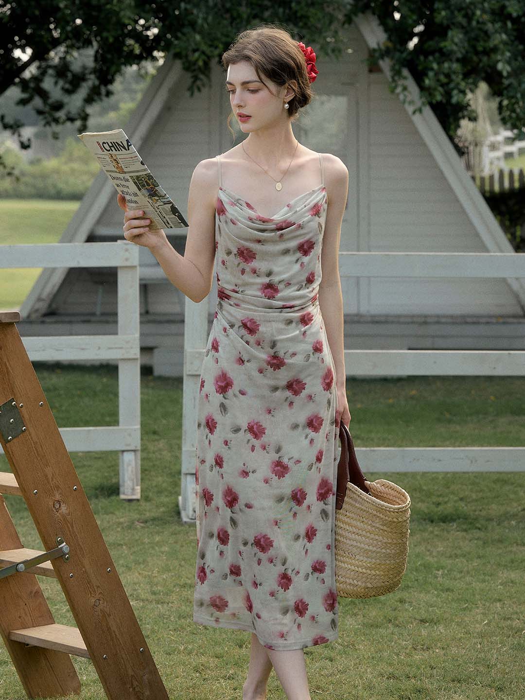【Final Sale】Kaia Romantic Rose Print Slim Fit Slip Dress