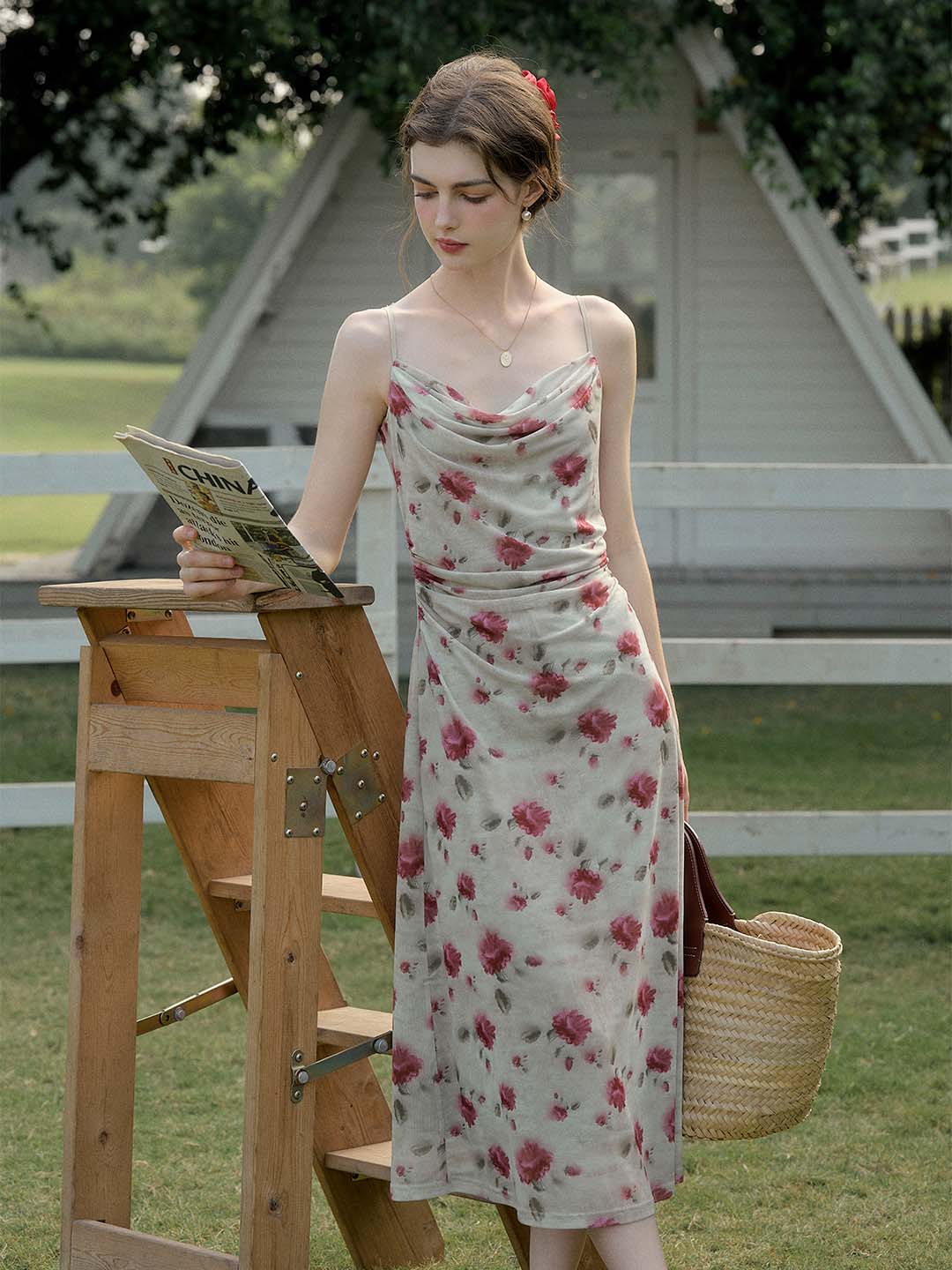 【Final Sale】Kaia Romantic Rose Print Slim Fit Slip Dress