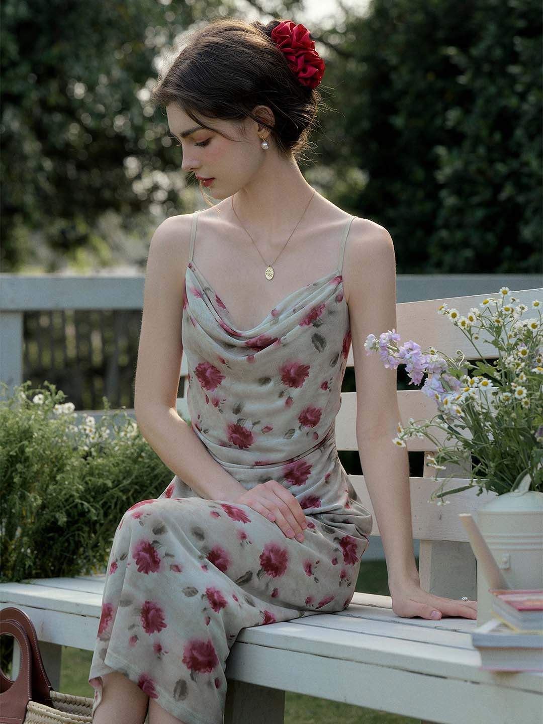 【Final Sale】Kaia Romantic Rose Print Slim Fit Slip Dress