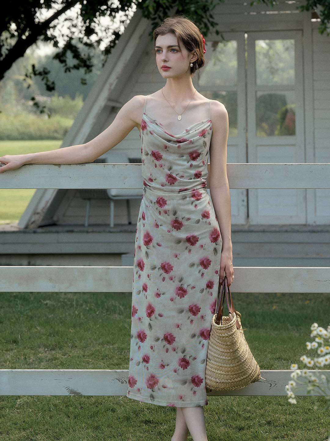 【Final Sale】Kaia Romantic Rose Print Slim Fit Slip Dress
