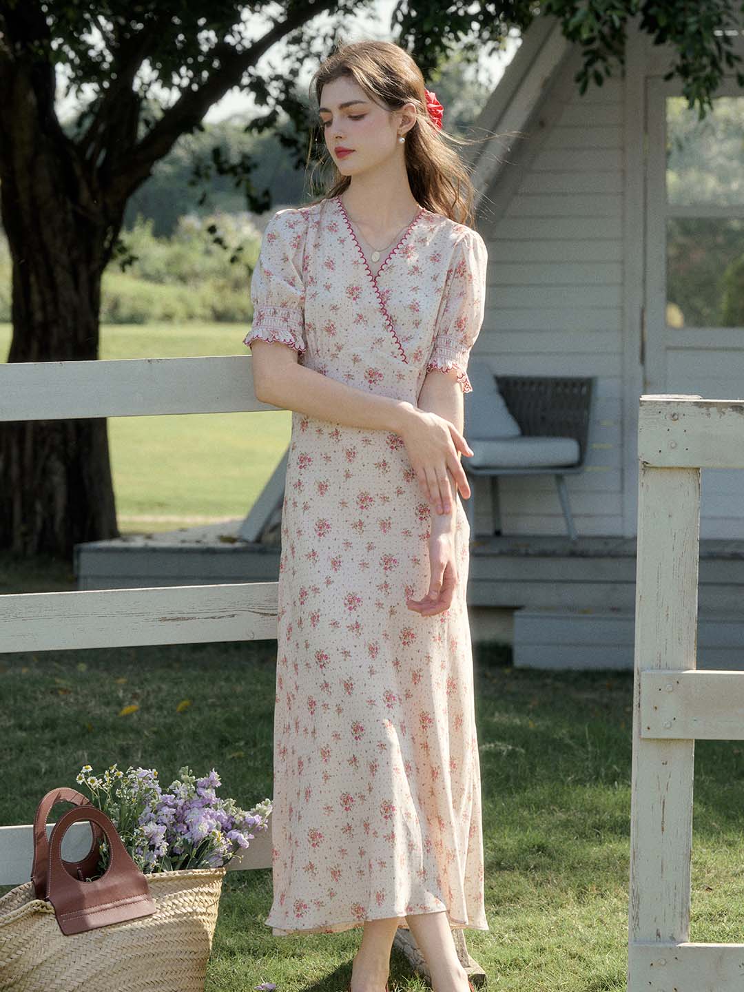 【Final Sale】Thea Rose Polka Dot Floral V-neck Puff Sleeve Dress