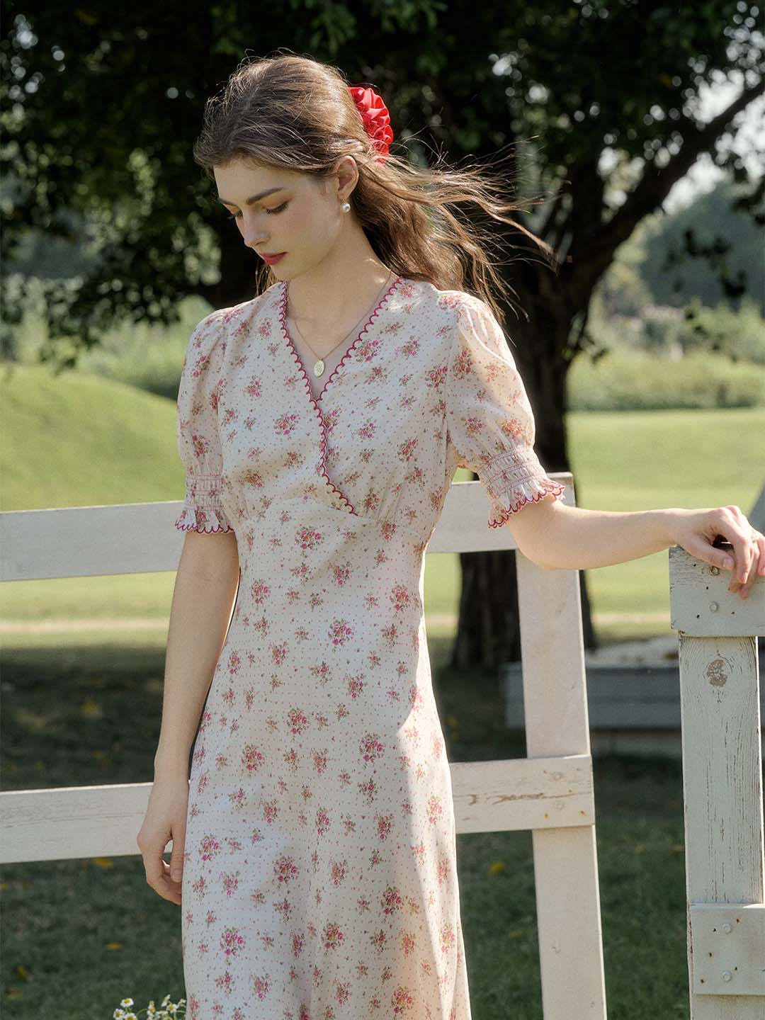 【Final Sale】Thea Rose Polka Dot Floral V-neck Puff Sleeve Dress