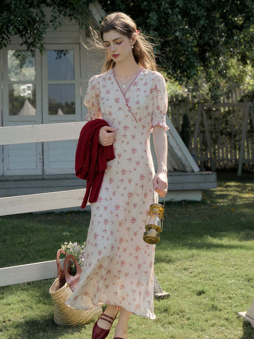 【Final Sale】Thea Rose Polka Dot Floral V-neck Puff Sleeve Dress