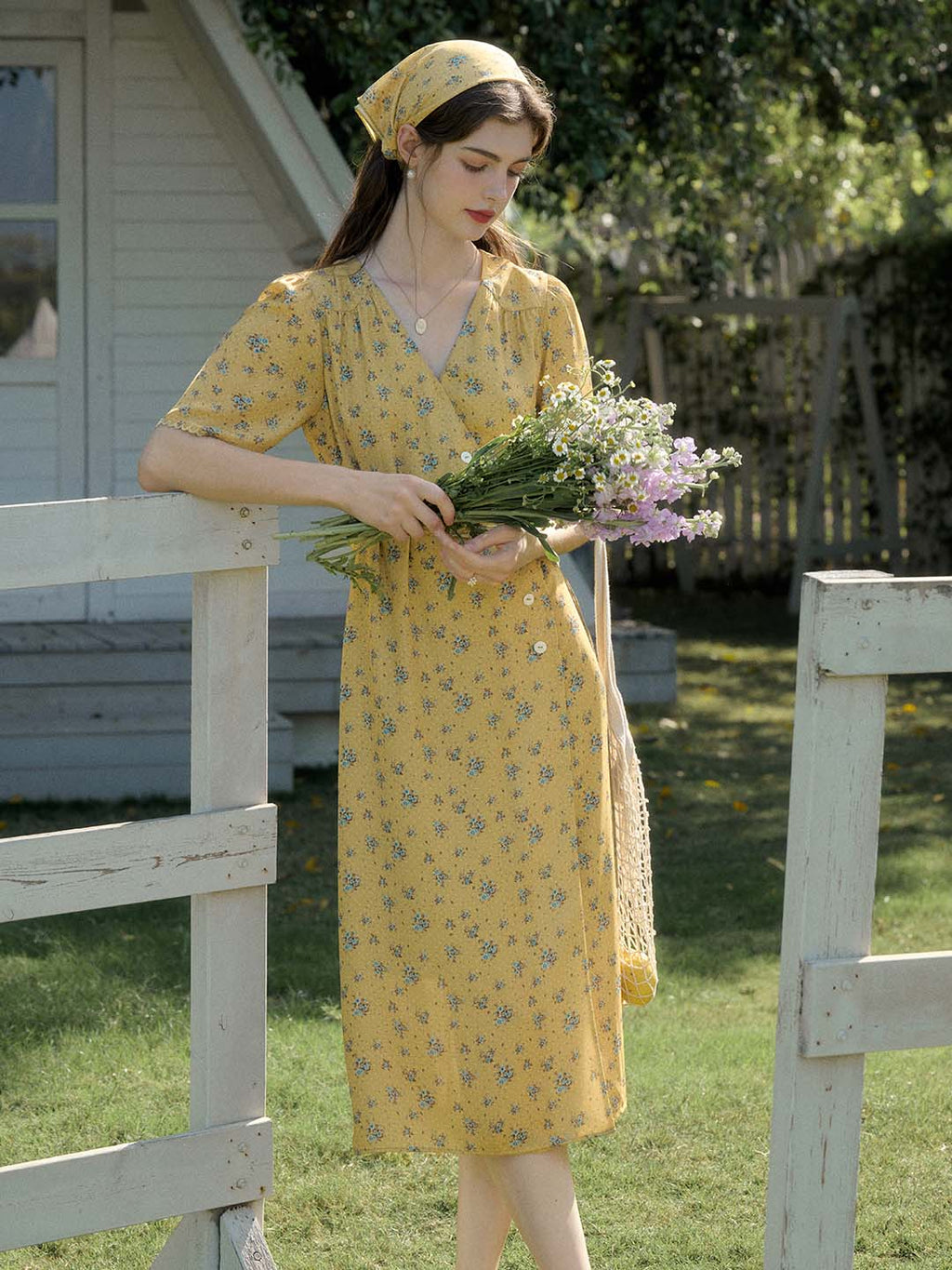 Samara Polka Dot Floral V neck Tea Dress