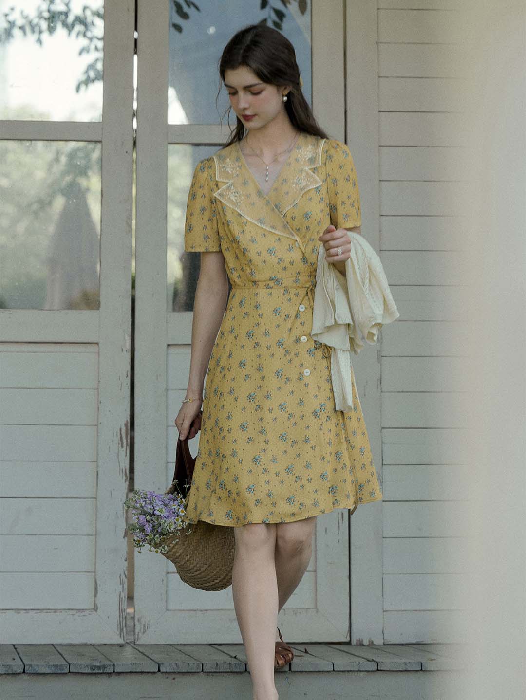 Rebecca Rose Polka Dot Floral Lace Lapel Tea Dress
