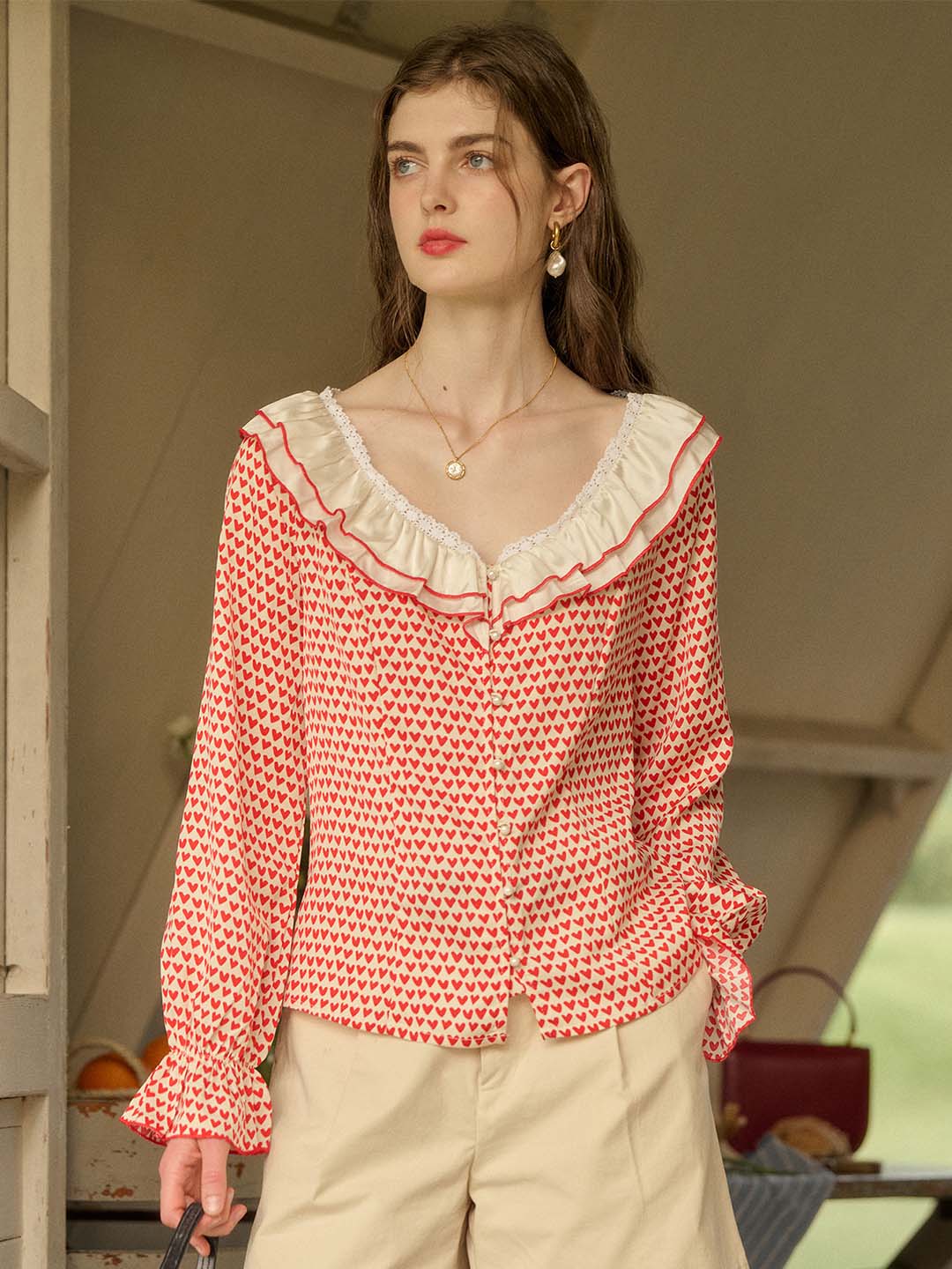 【Final Sale】Raelyn Patchwork Ruffle V Neck Heart Printed Blouse