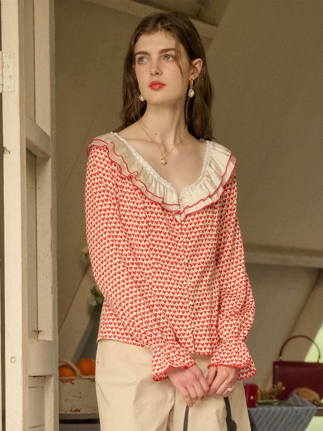 【Final Sale】Raelyn Patchwork Ruffle V Neck Heart Printed Blouse