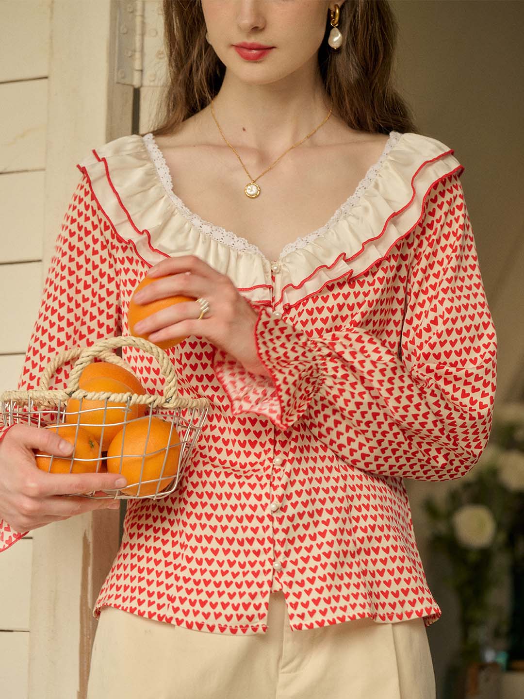 【Final Sale】Raelyn Patchwork Ruffle V Neck Heart Printed Blouse