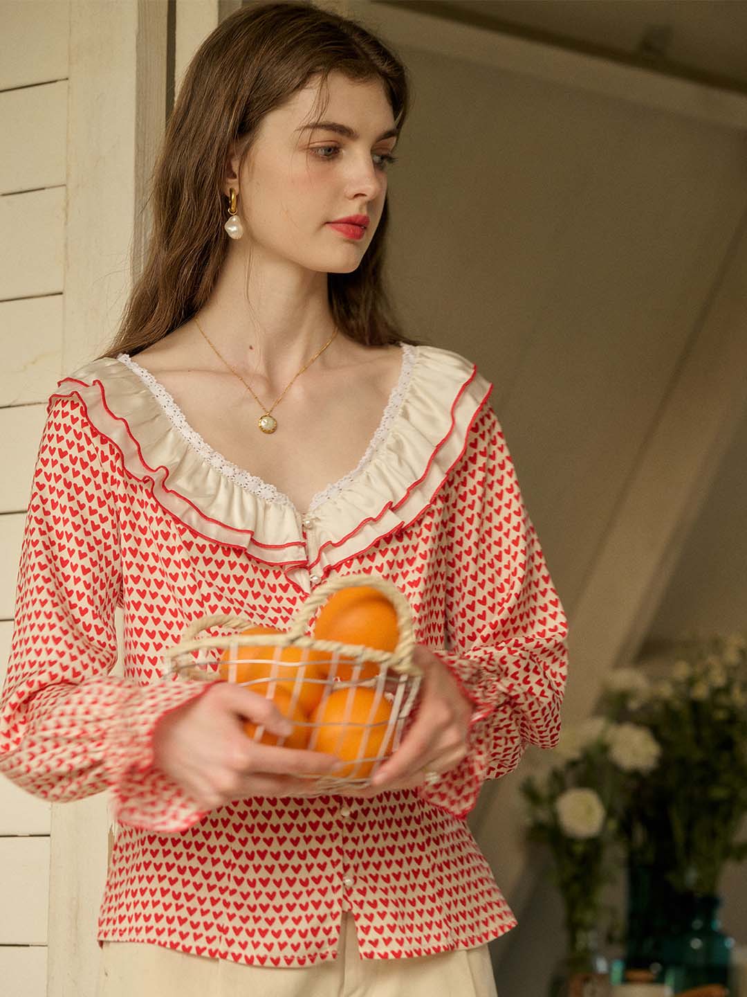 【Final Sale】Raelyn Patchwork Ruffle V Neck Heart Printed Blouse