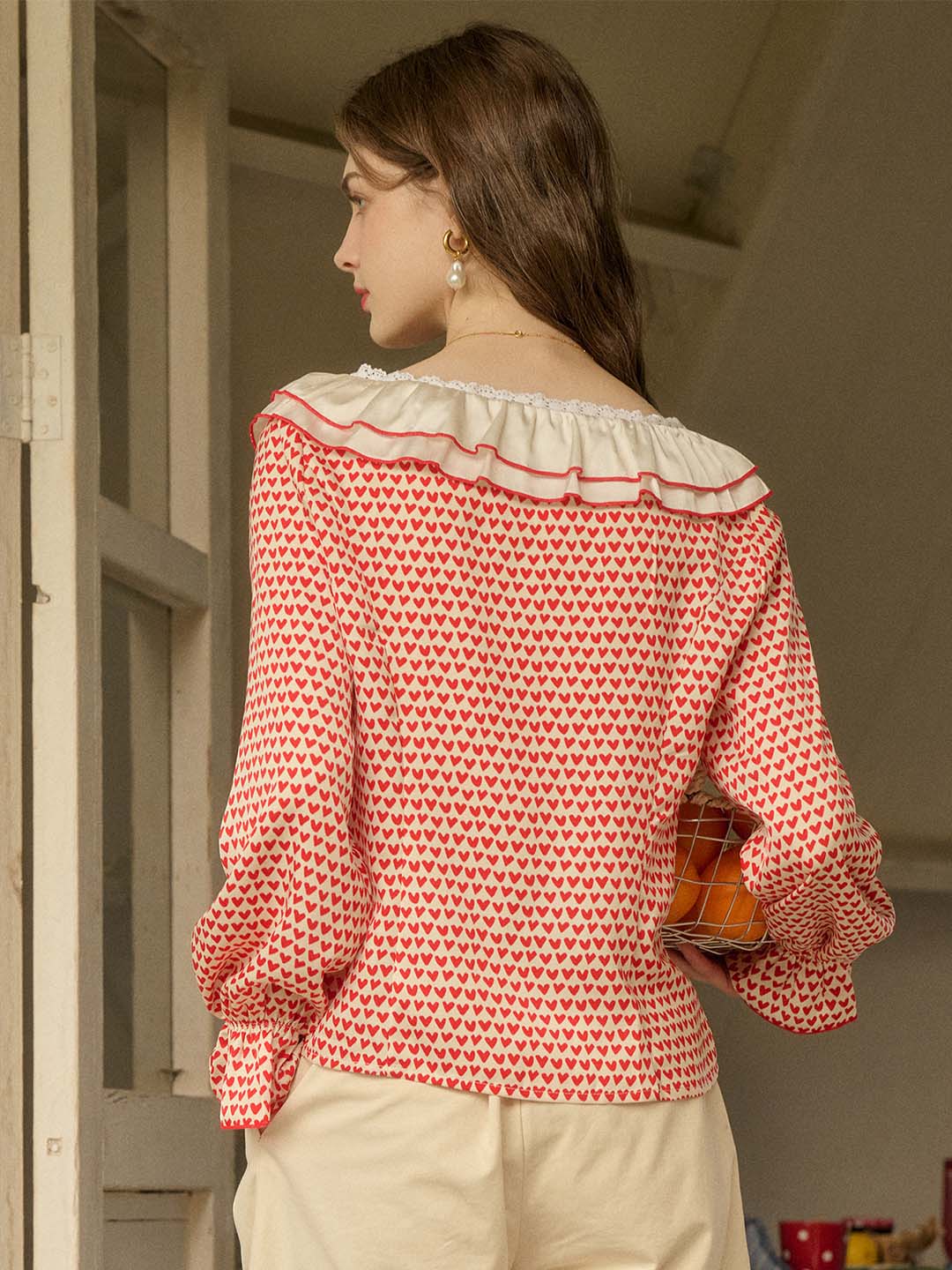 【Final Sale】Raelyn Patchwork Ruffle V Neck Heart Printed Blouse