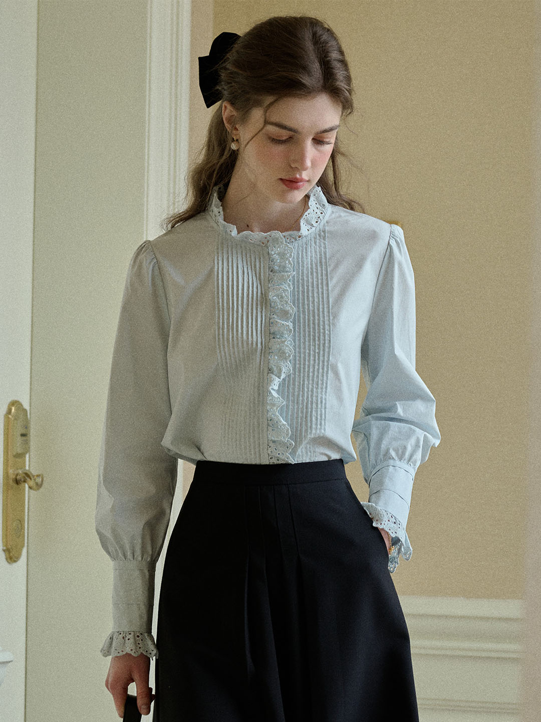 Jordyn Hollow Lace Patchwork Crew Neck Blouse