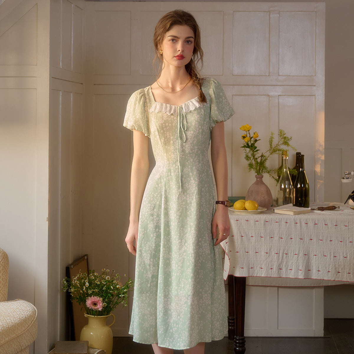 Emma Square Neck Lace Puff Sleeves Dress