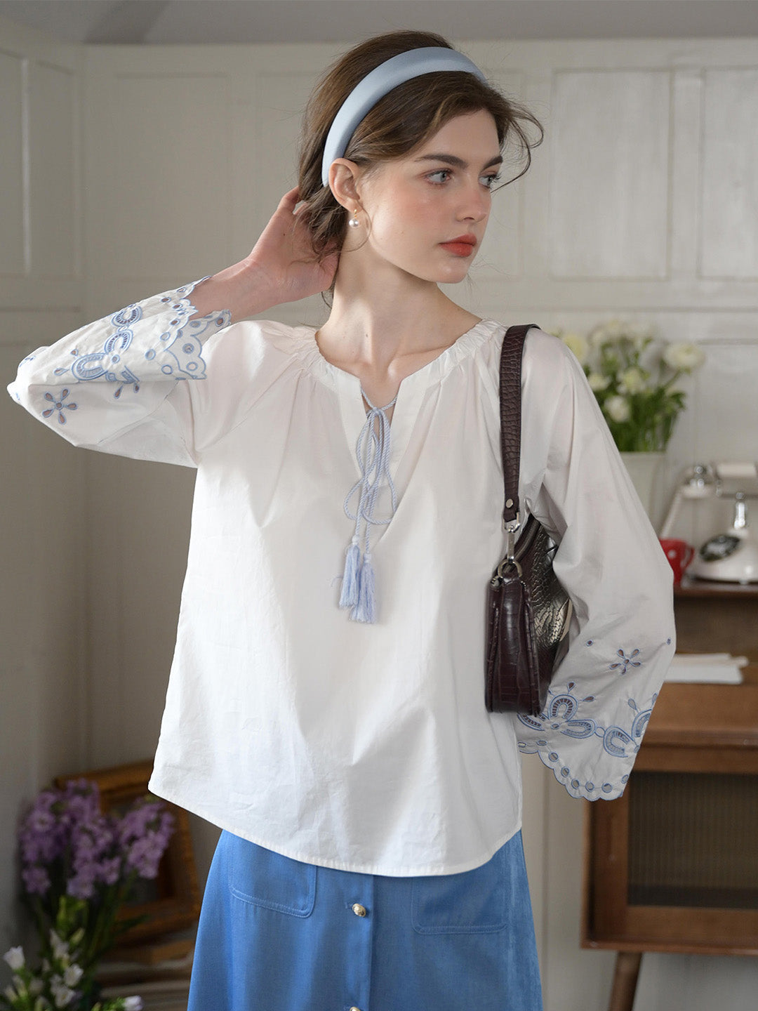 Regina Fringed Tie Round Neck Hollow Embroidered Blouse